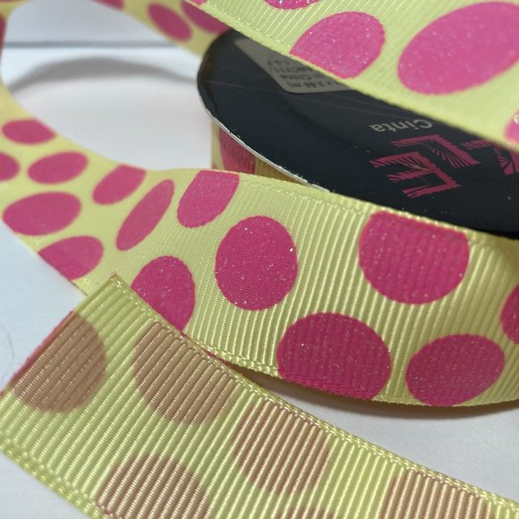 Pink Yellow Ribbed Ribbon Glitter Dots - Picture 4 of 14